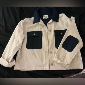 Two-Tone Cream and Navy Button Front Jean Jacket